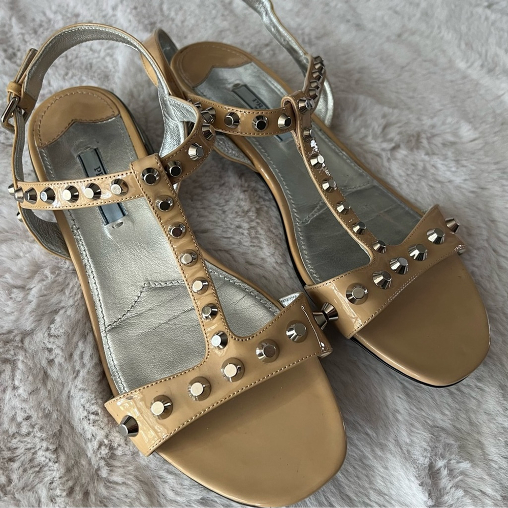 Prada Studded Tan Silver Sandals Size 9